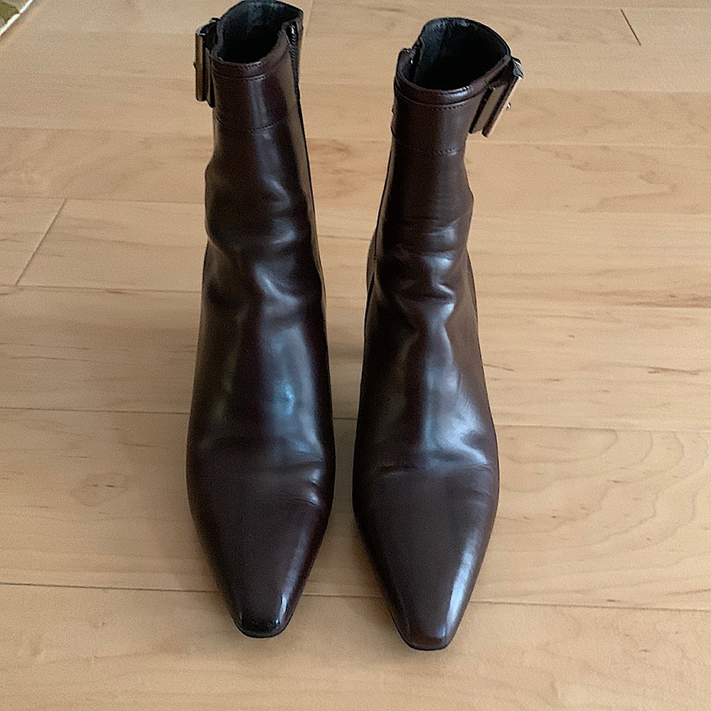 Brown leather boots; Made in Italy; semi square toe; 1 1/2 inch heel.